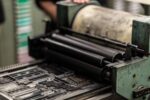 [[A close-up view of a traditional printing press in operation, showing metal type and inked rollers in motion as printed material is prepared.]]
